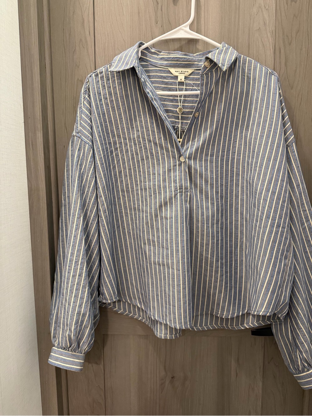 Max Studio Blue & White Striped Relaxed Button Shirt